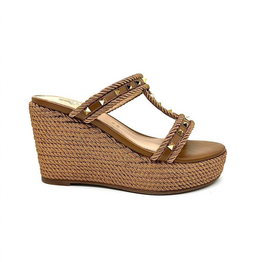 Braided Rope Wedge Sandal in Tan with Stud Accents